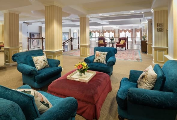 Cozy seating area in a senior living facility lobby