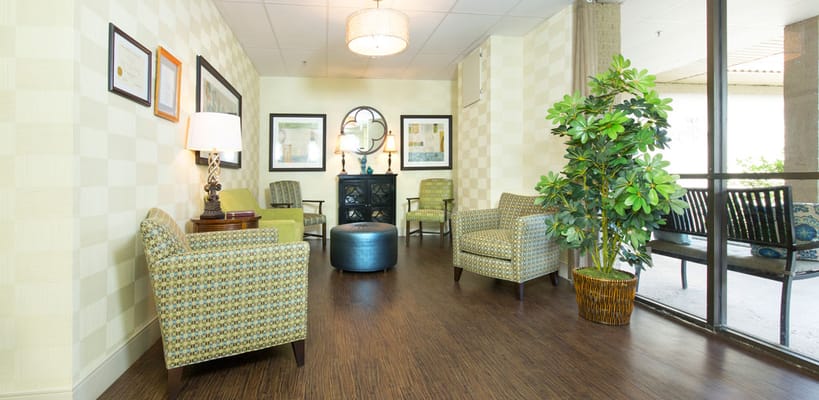 Common area seating in a well-lit lobby
