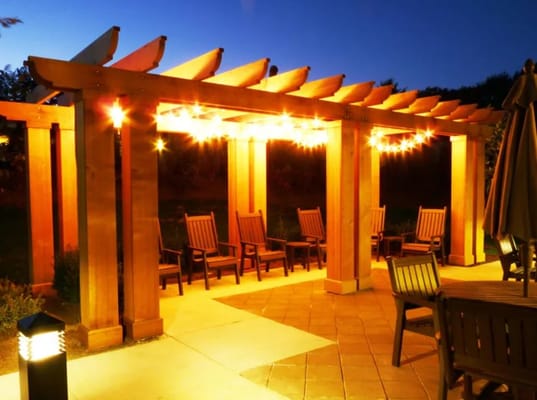 Outdoor seating area with ambient lighting