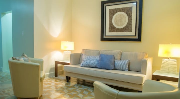 Bright interior seating area with comfortable furniture