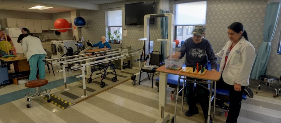 Residents engaged in a therapy session with staff assistance.