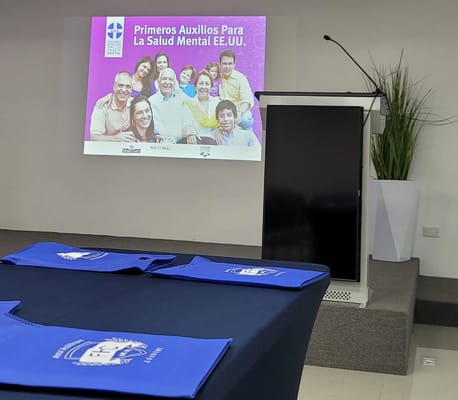 Presentation on mental health support with participants visible