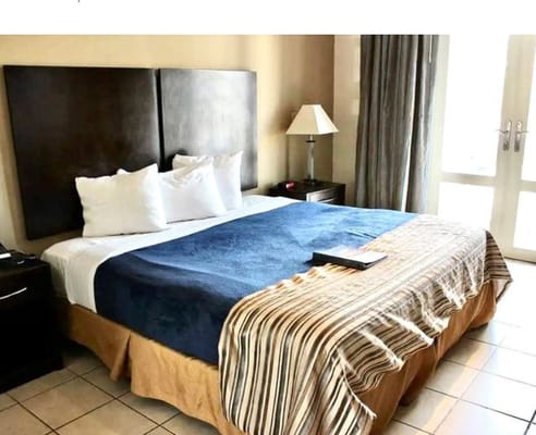 Cozy bedroom with a blue and striped bedspread and natural light
