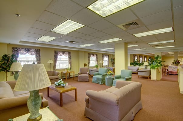 Lounge area with comfortable seating and decorative lamps