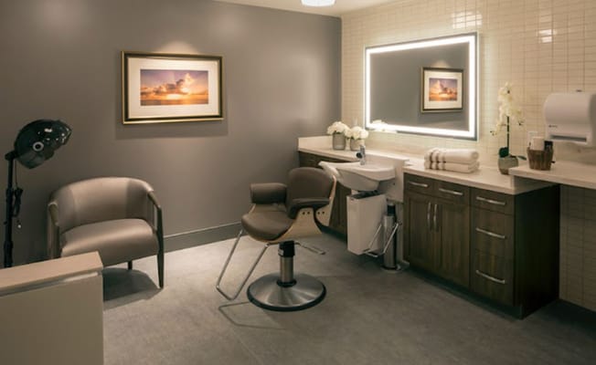 Salon area with a chair, sink, and decorative mirror