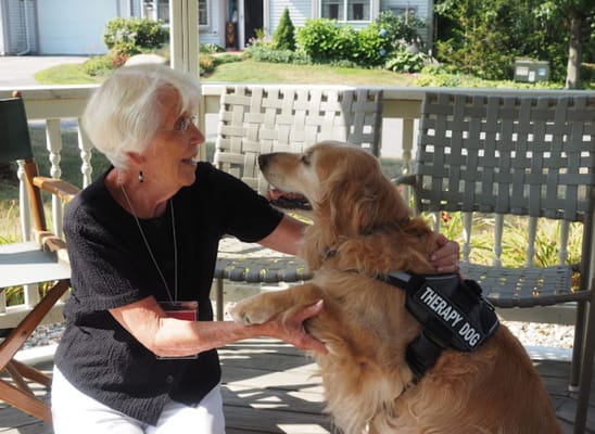 Senior resident interacting with a therapy dog on a porch.