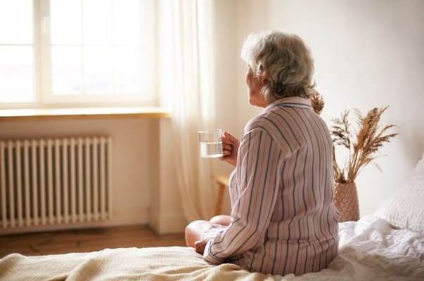 Senior resident enjoying a drink in her room