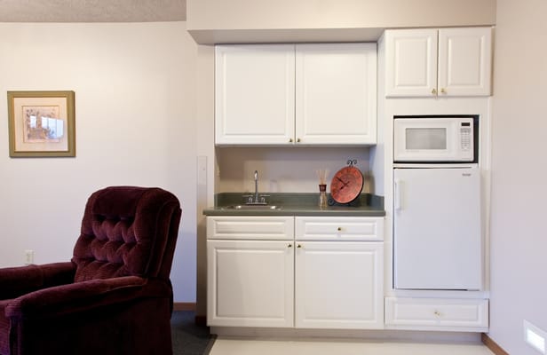 Interior view of a kitchenette in a senior living unit