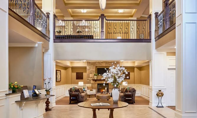 Bright lobby area with comfortable seating and decor