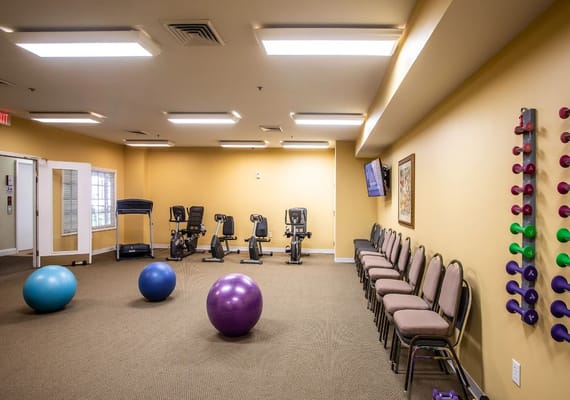 Interior of the gym with fitness equipment and exercise balls.
