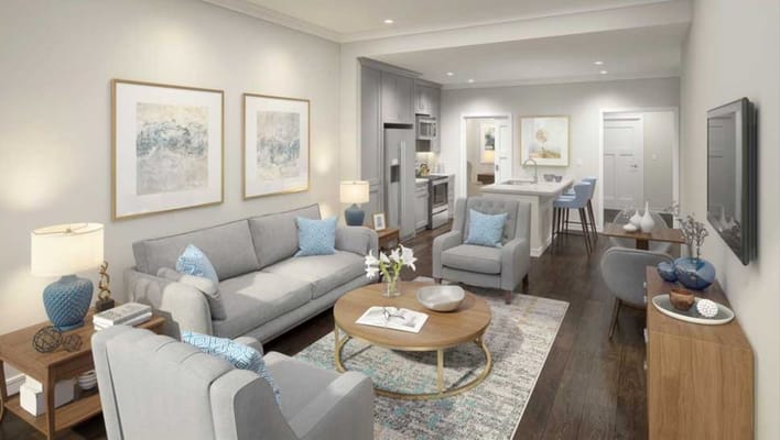 Elegant living room with grey sofa and modern decor