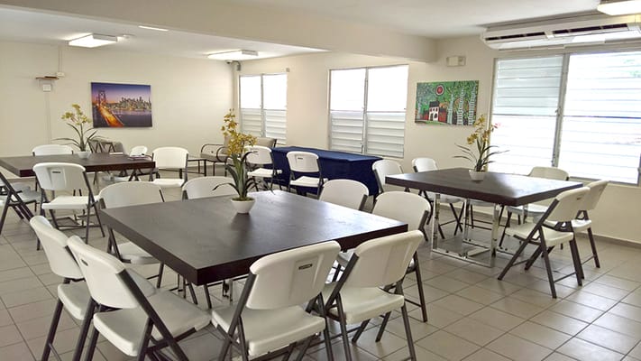 Interior view of the dining area with tables and chairs