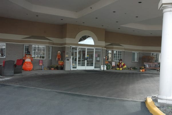 Entrance of the facility decorated for the season