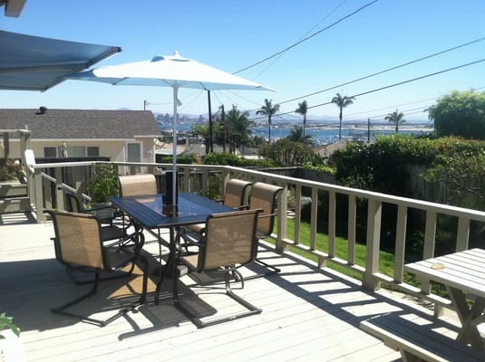 Outdoor patio with furniture and umbrellas overlooking the view