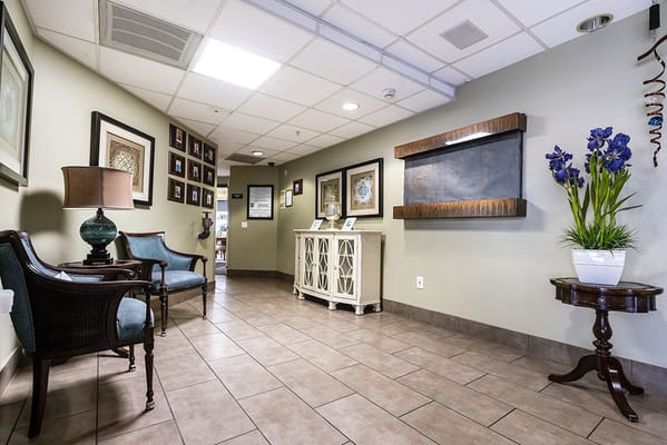 Lobby area with seating and decorative elements