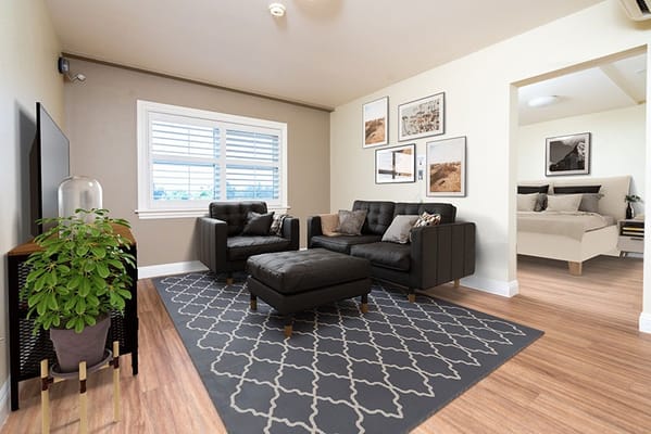 Comfortable living room with black furniture and decorative wall art