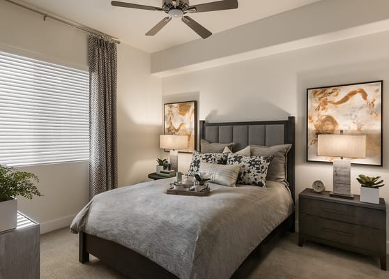 Cozy furnished bedroom in a senior living facility