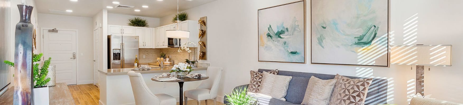 Bright, modern living room and kitchen area