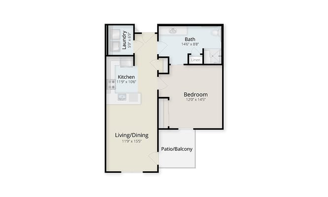 Architectural floor plan of a one-bedroom unit