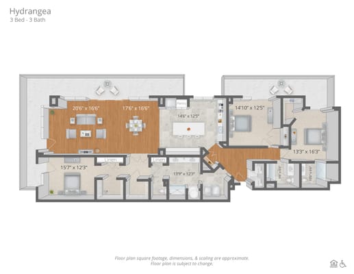 Architectural floor plan of a 3-bedroom unit