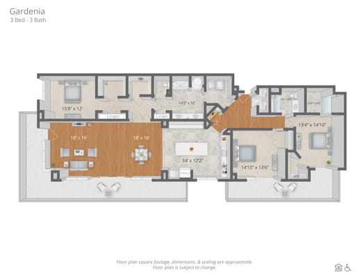 Floor plan of a 3-bedroom, 3-bath apartment.