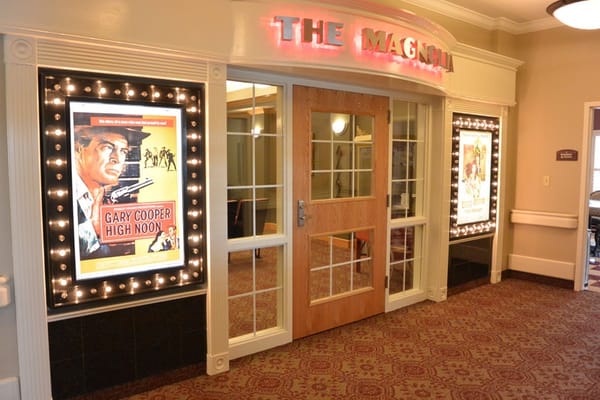 Entrance to a movie theater with vintage posters