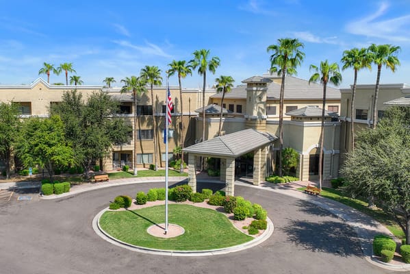 Aerial view of the front entrance of the facility