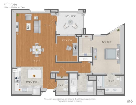 Architectural floor plan of a 1-bedroom residence