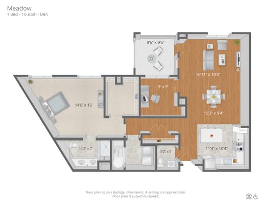 Architectural floor plan for a one-bedroom unit