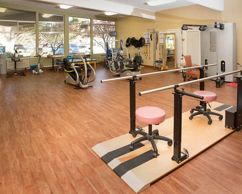 Rehabilitation gym with exercise equipment and therapy areas