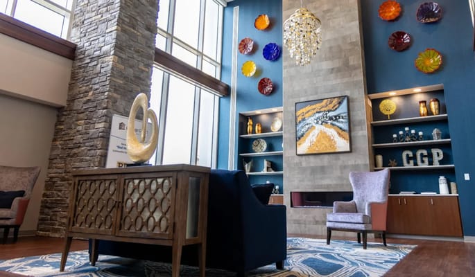 Bright and welcoming common area with modern decor