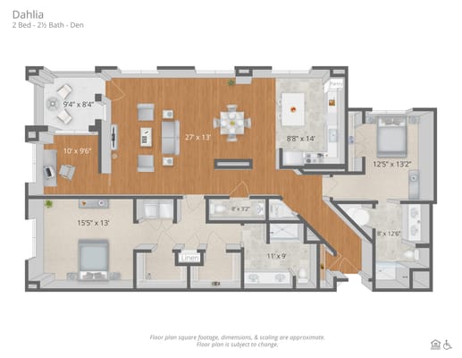 Architectural floor plan of a two-bedroom unit