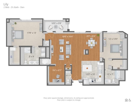 Architectural floor plan of a two-bedroom unit