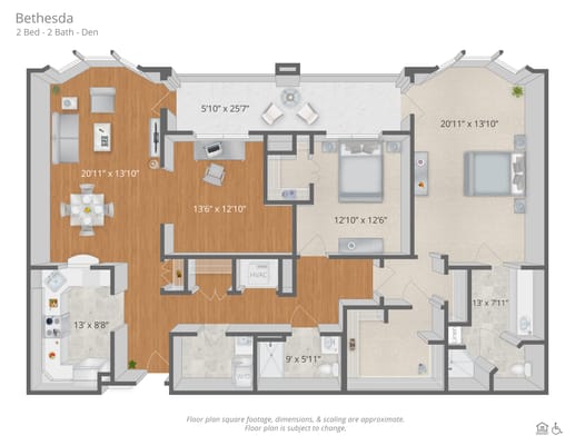 Architectural floor plan for a two-bedroom apartment