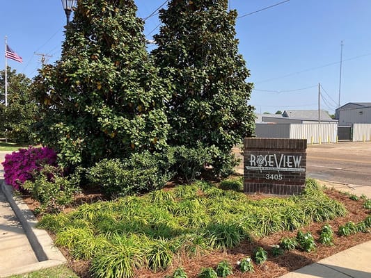 Entrance sign and landscaping of Roseview Nursing Center