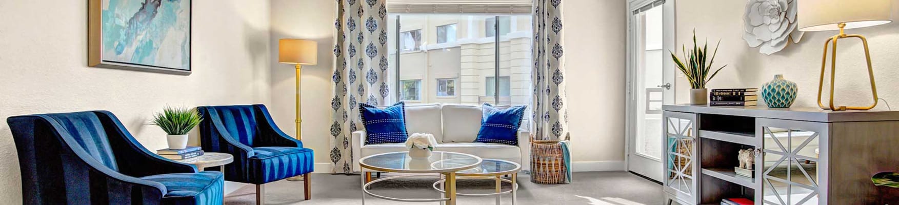 Cozy living room area with blue accents