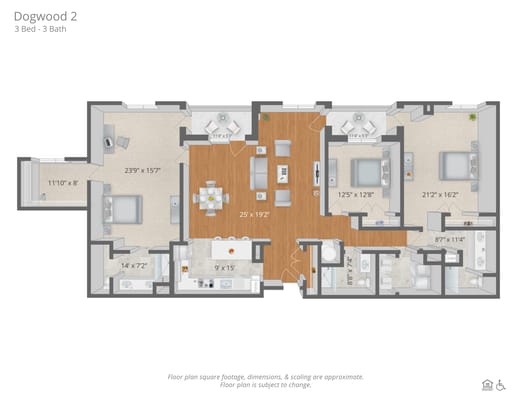 Architectural floor plan of a three-bedroom unit