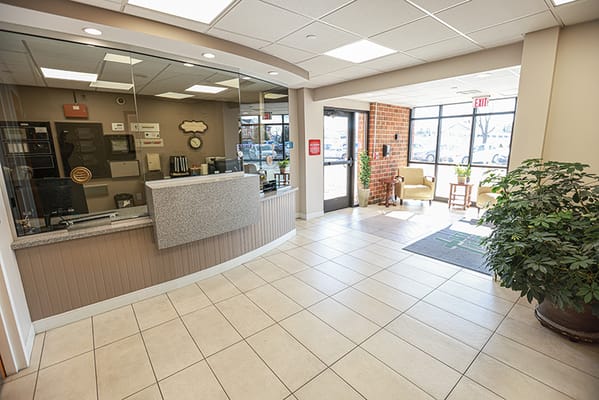 Bright interior lobby area with reception