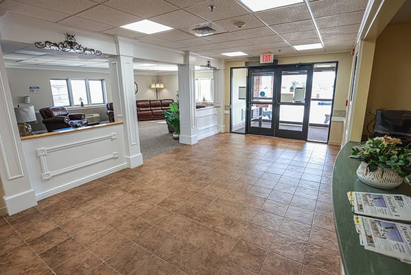 Bright interior of a common area with seating