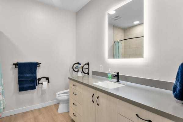 Modern, well-lit bathroom with accessible features