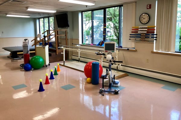 Therapy room with exercise equipment and colorful balls
