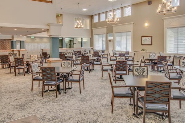 Dining area with tables and chairs in a bright setting
