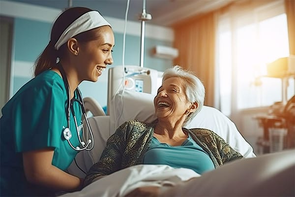 A caregiver smiling with a resident in a hospital room