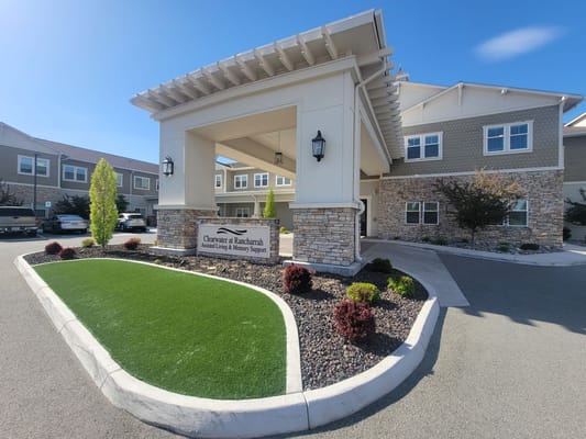 Entrance sign and landscaping at Clearwater at Rancharrah senior living facility.
