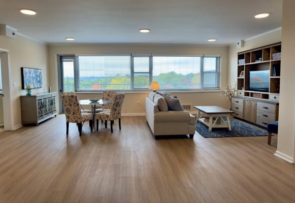 Bright and spacious activity room with seating