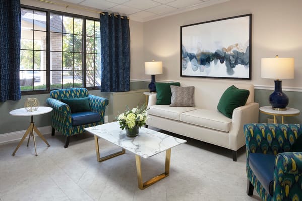 Bright common area with seating and decor