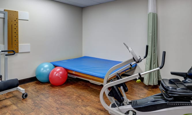 Physical therapy equipment in a private room