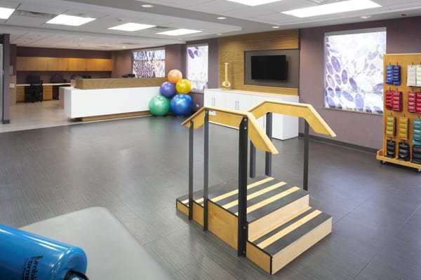 Interior of a rehabilitation area with exercise equipment
