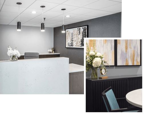 Modern reception area with flowers and artwork