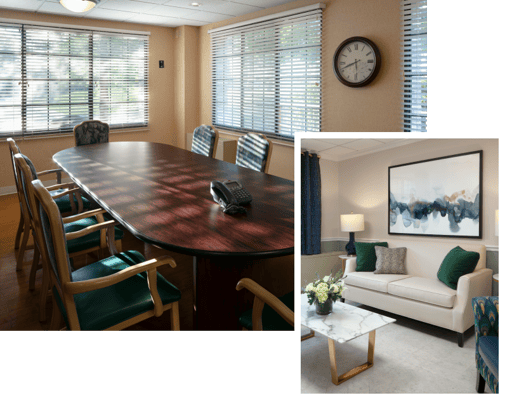 Interior view of a meeting room and lounge area